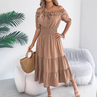 Off Shoulder Smocked Waist Maxi Dress Ruffle Sleeve