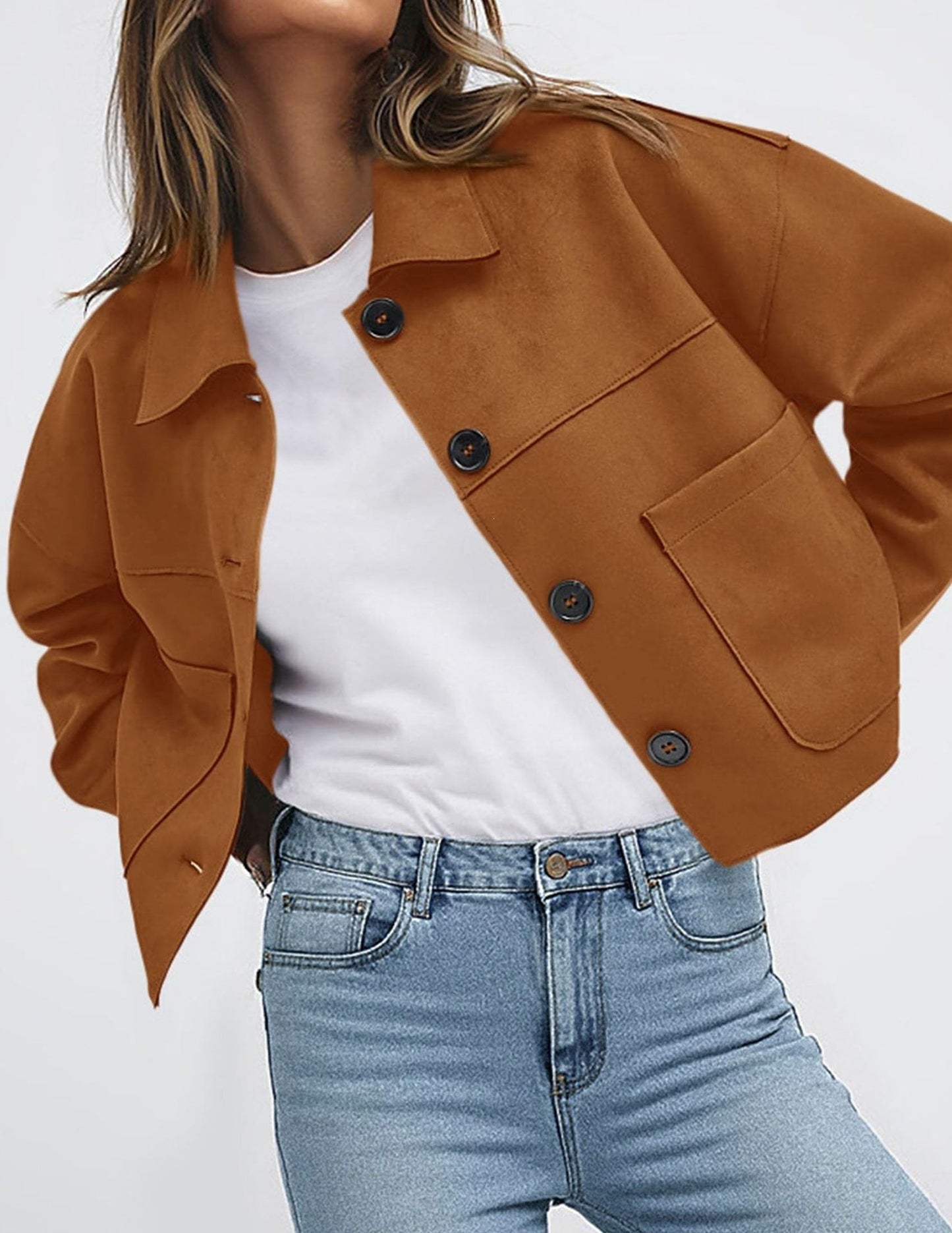 Faux Suede Cropped Button Front Jacket with Pockets