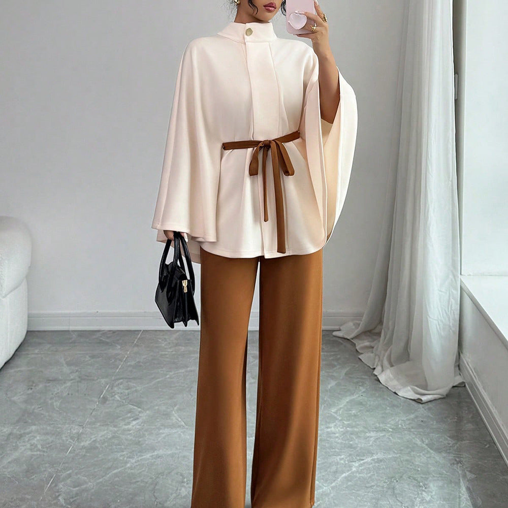 Elegant Belted Cape Top Wide Leg Pants Two Piece Set
