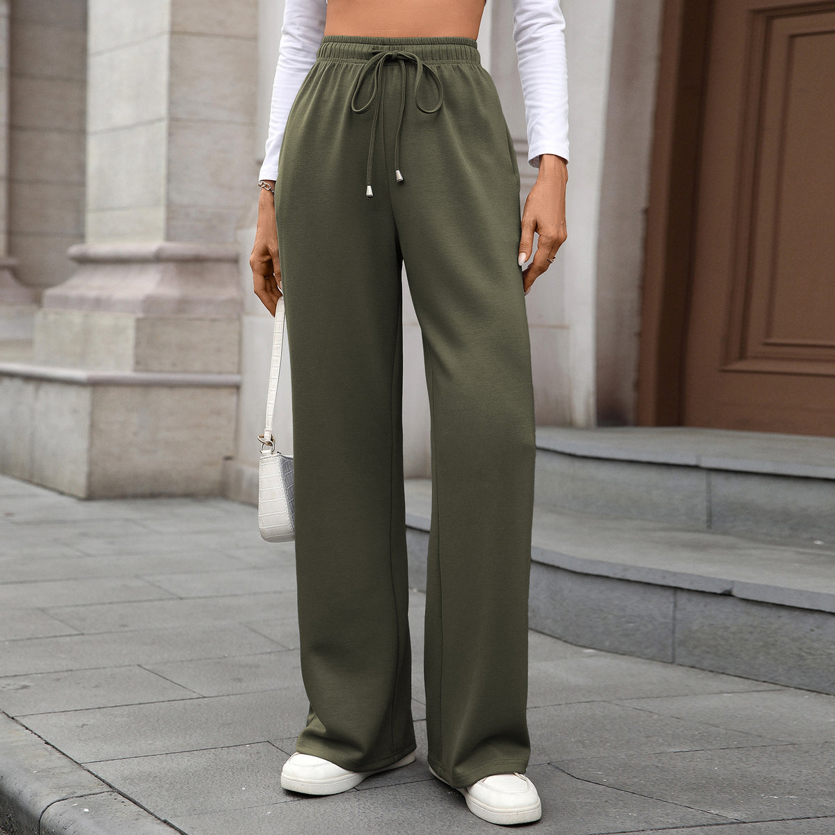 Womens Wide Leg Pants Elastic Waist Drawstring Pockets