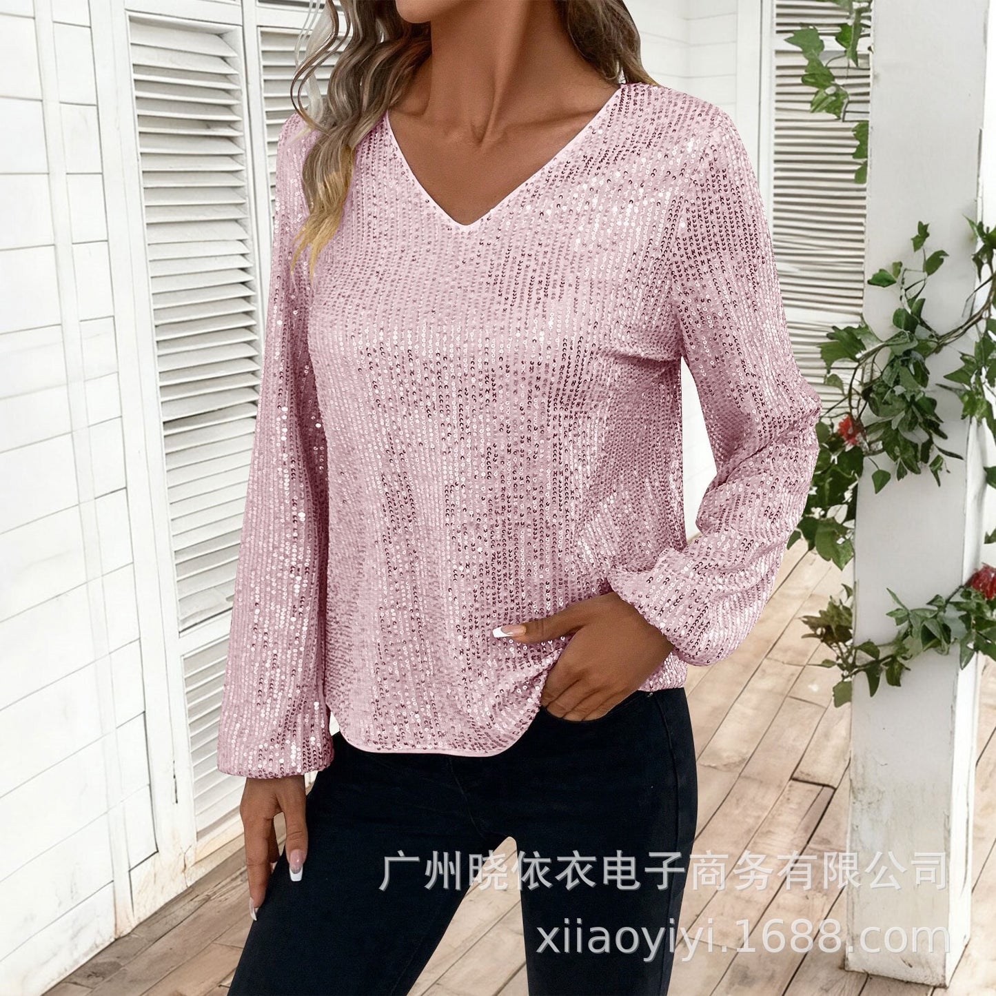 Women's Sequin V Neck Long Sleeve Party Top
