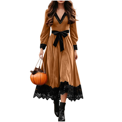 Velvet Maxi Dress V-Neck Lace Trim Puff Sleeve Flowy