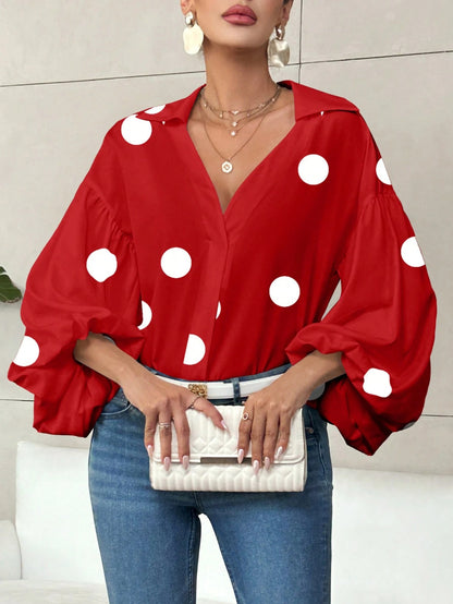 Black V Neck Lantern Sleeve Blouse Loose Fit Top