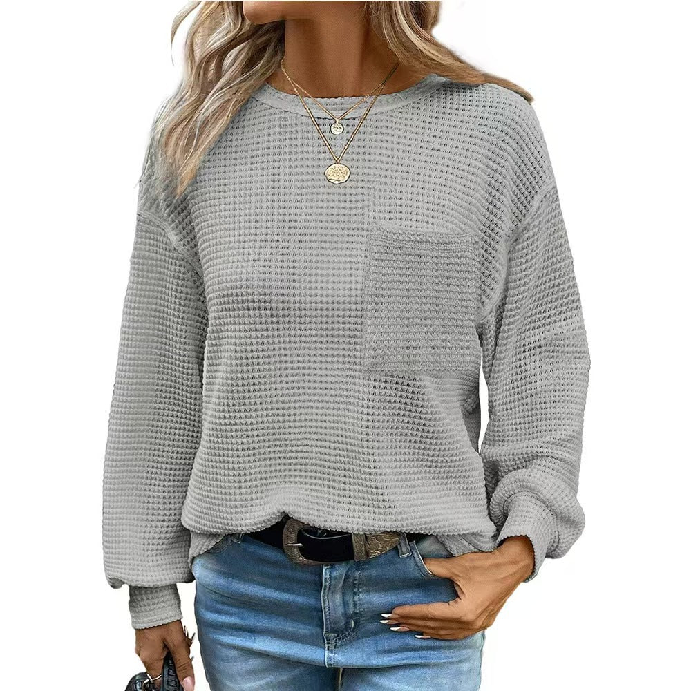 Women's Oversized Waffle Knit Crew Neck Pocket Top
