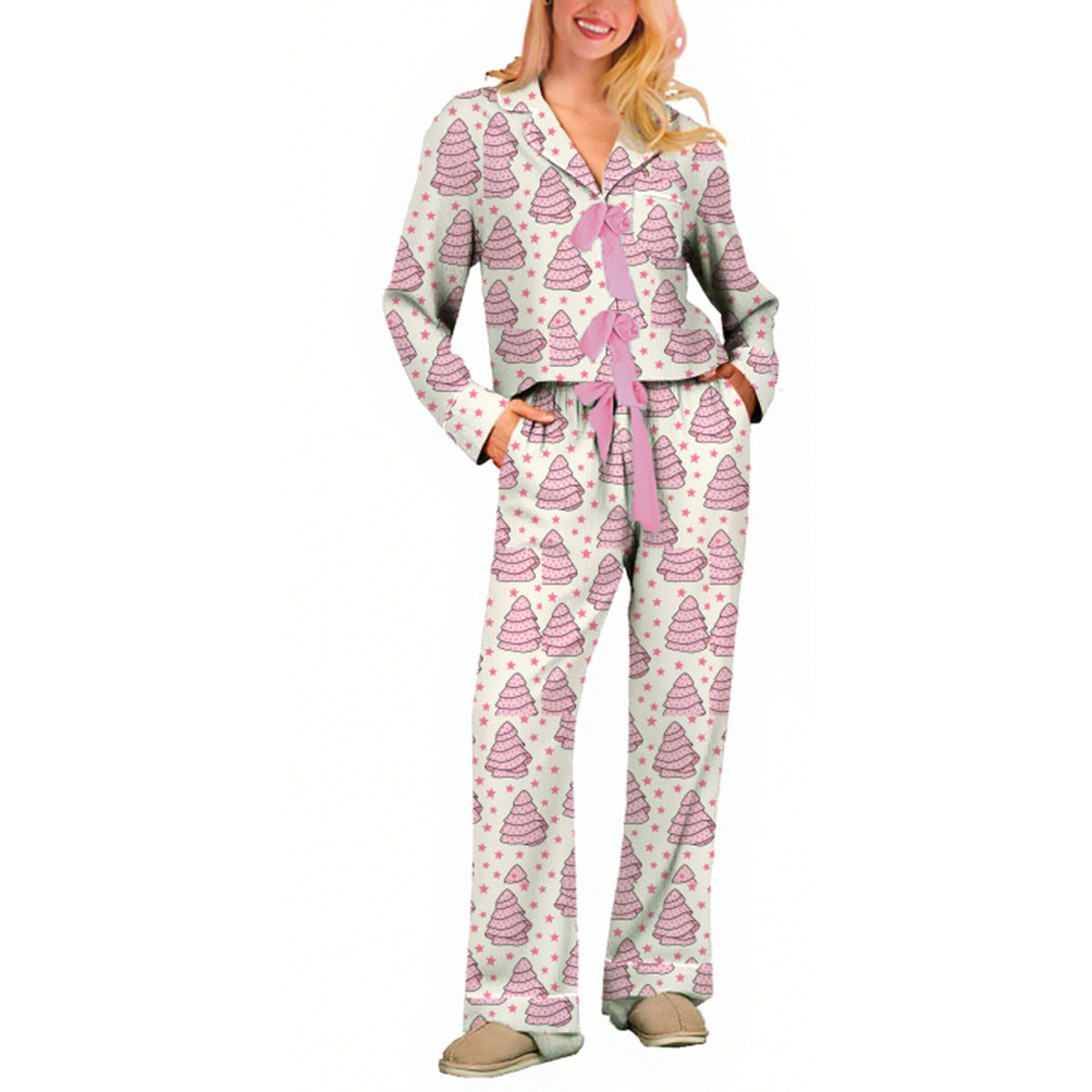 Women's Striped Bow Pajama Set Cotton Long Sleeve Pants