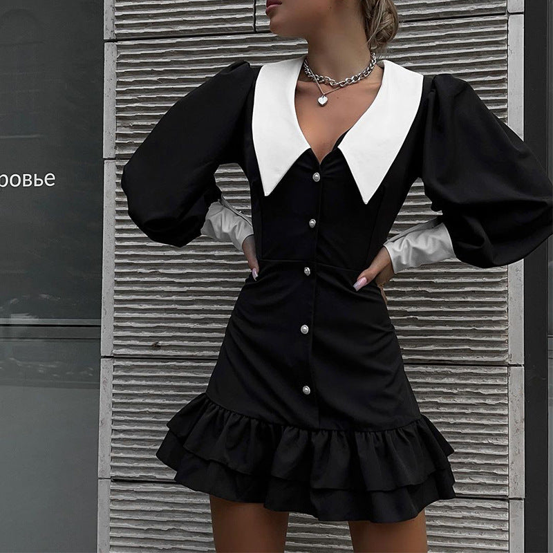 Women's Contrast Collar Button Front Long Sleeve Mini Dress