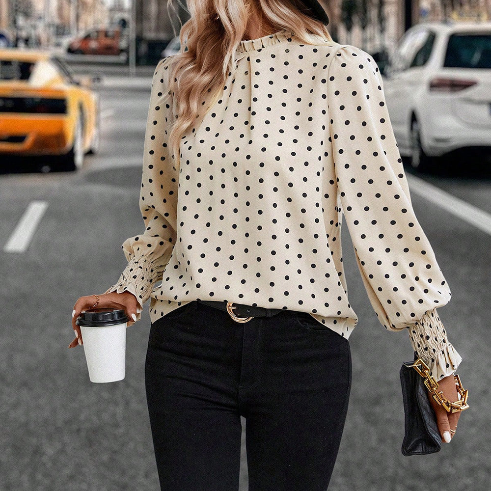 Polka Dot Blouse Ruffle Neck Smocked Cuff Long Sleeve
