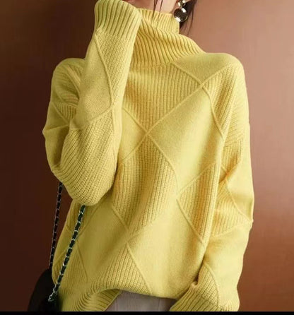 Chunky Turtleneck Sweater Diamond Pattern Pullover