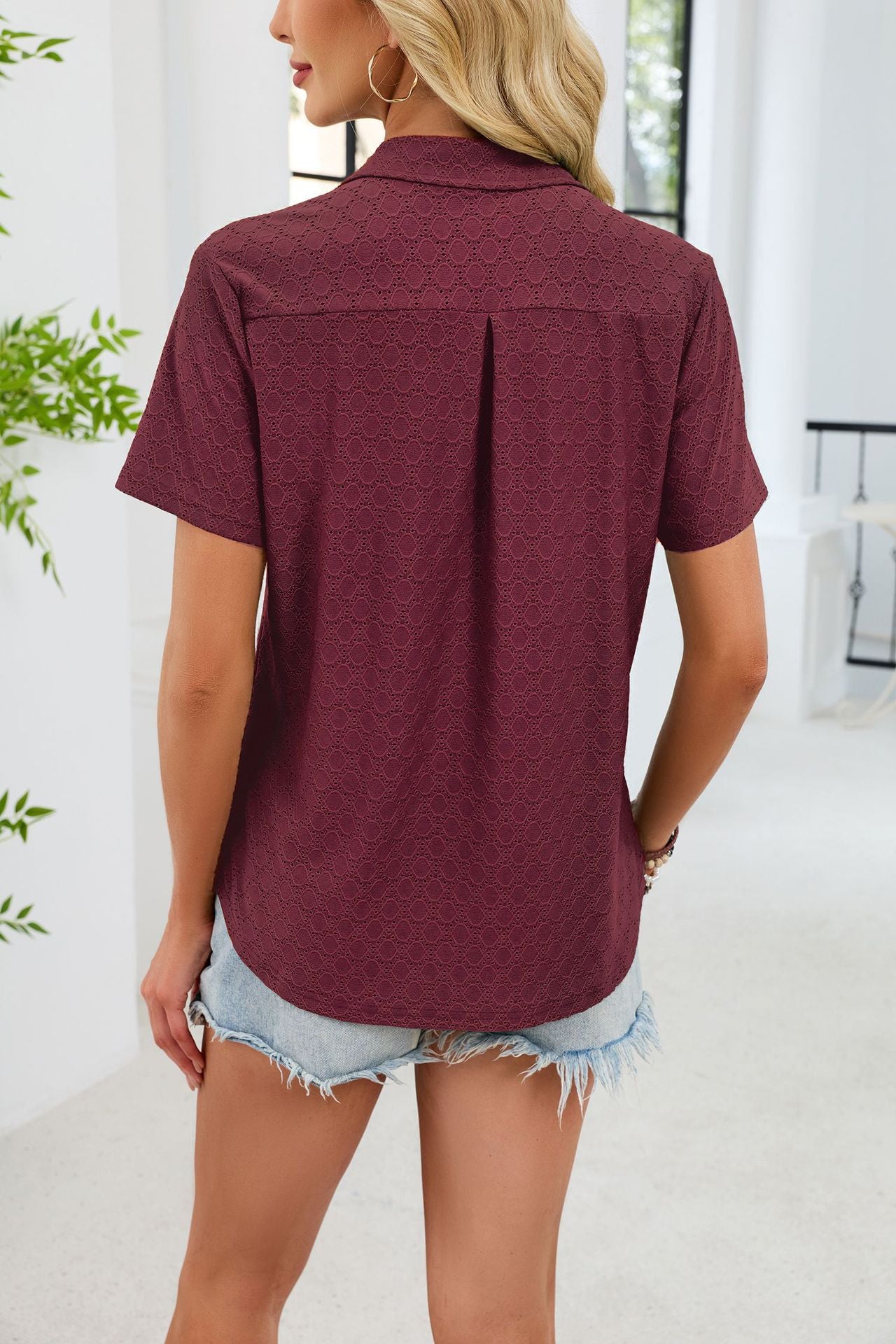 V Neck Polo Shirt Textured Knit Pocket Casual Top