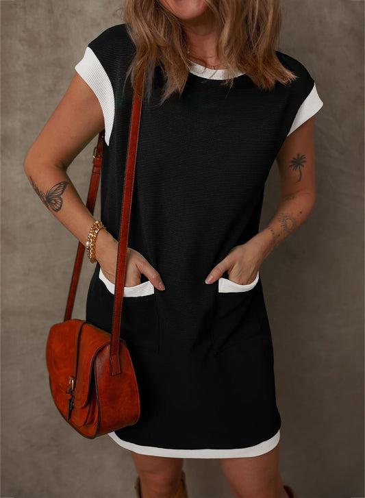 Colorblock Pocket T Shirt Mini Dress Casual Loose Fit