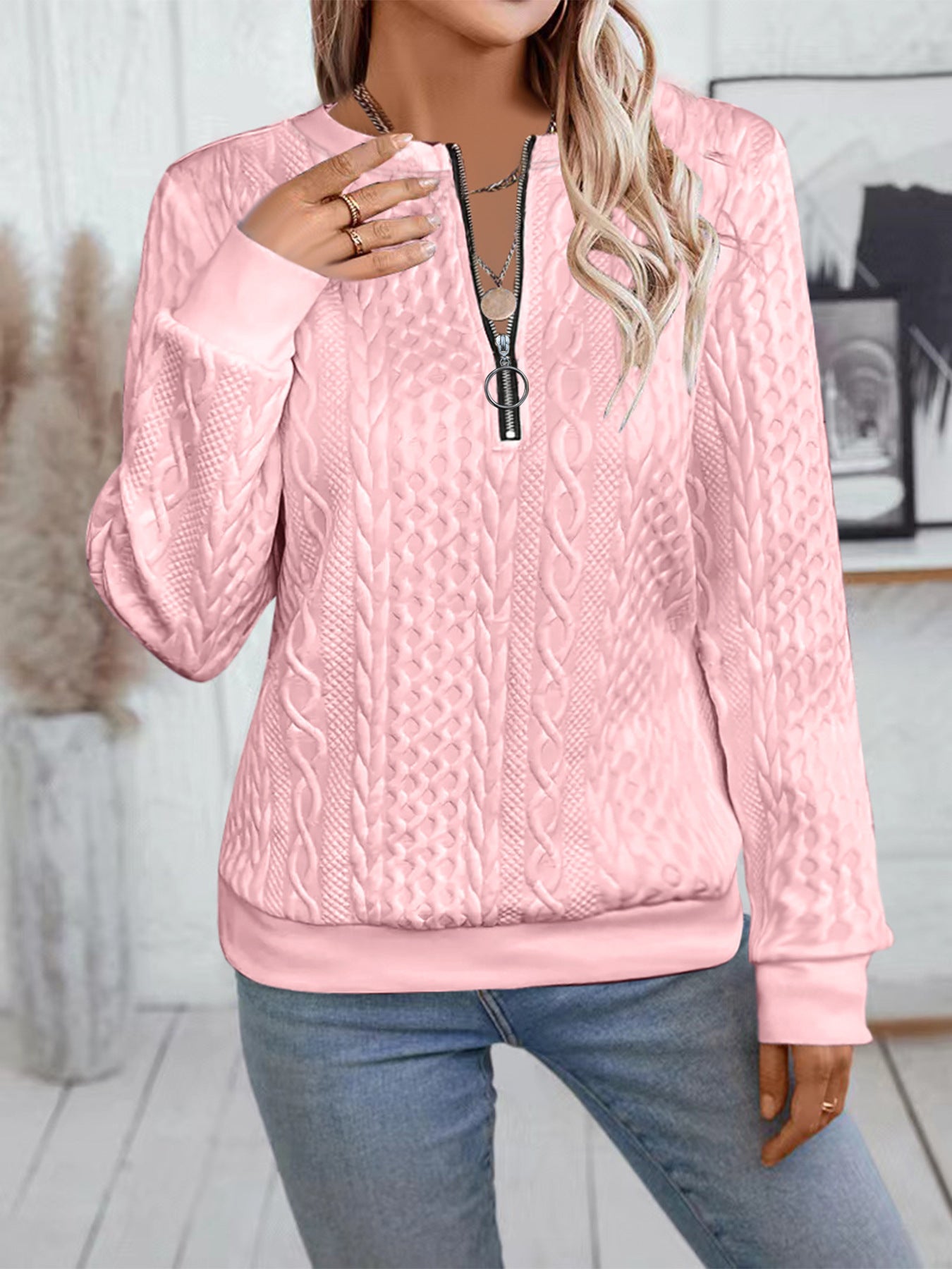 Women's Cable Knit Half Zip Pullover Sweatshirt Long Sleeve