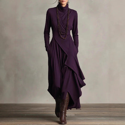 Long Sleeve Turtleneck Cross Front Asymmetric Maxi Dress
