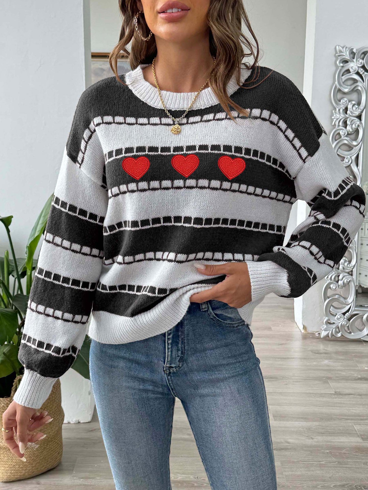 Colorblock Striped Sweater | Embroidered Heart Patch Design