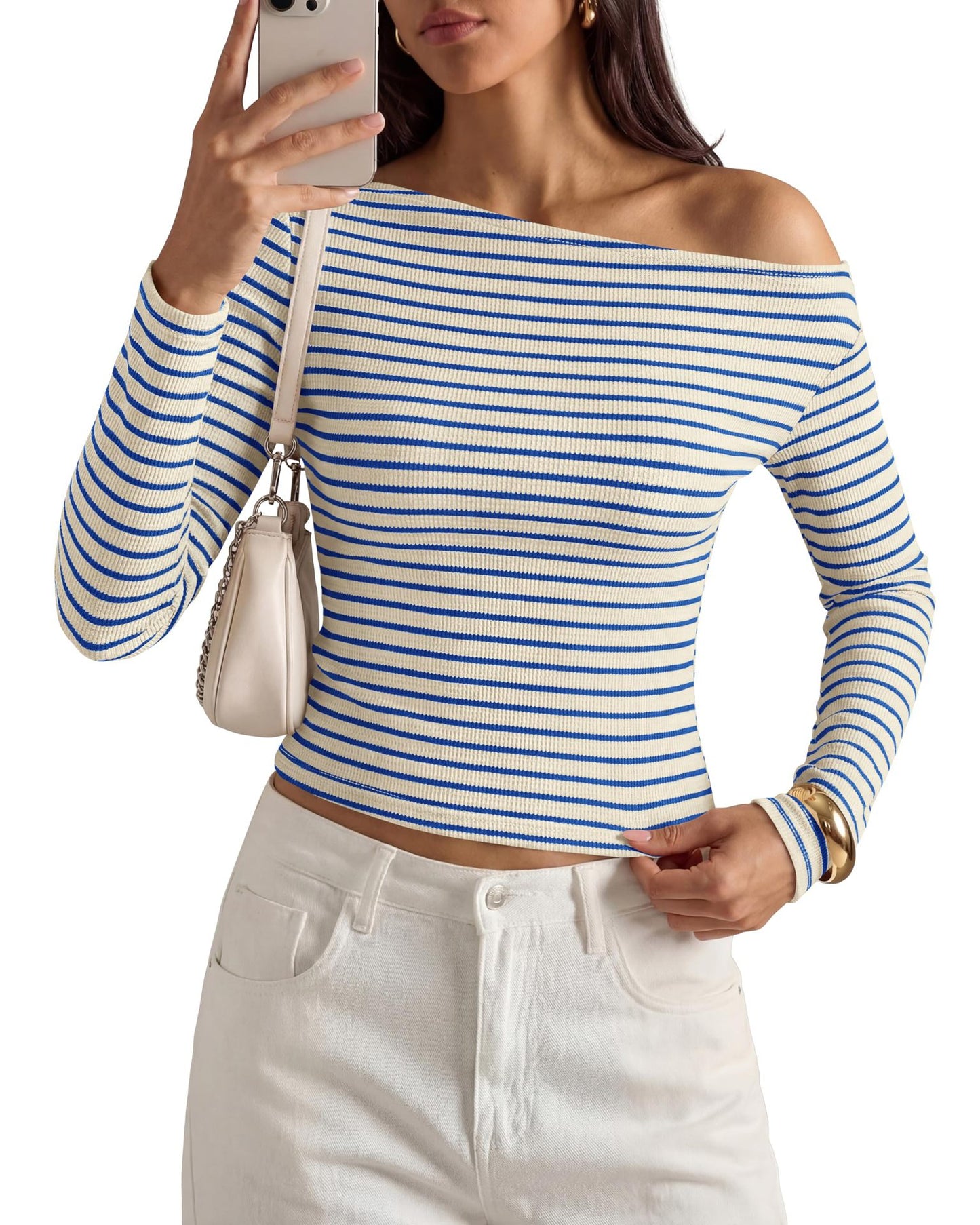 Off Shoulder Striped Long Sleeve Ribbed Knit Top Women