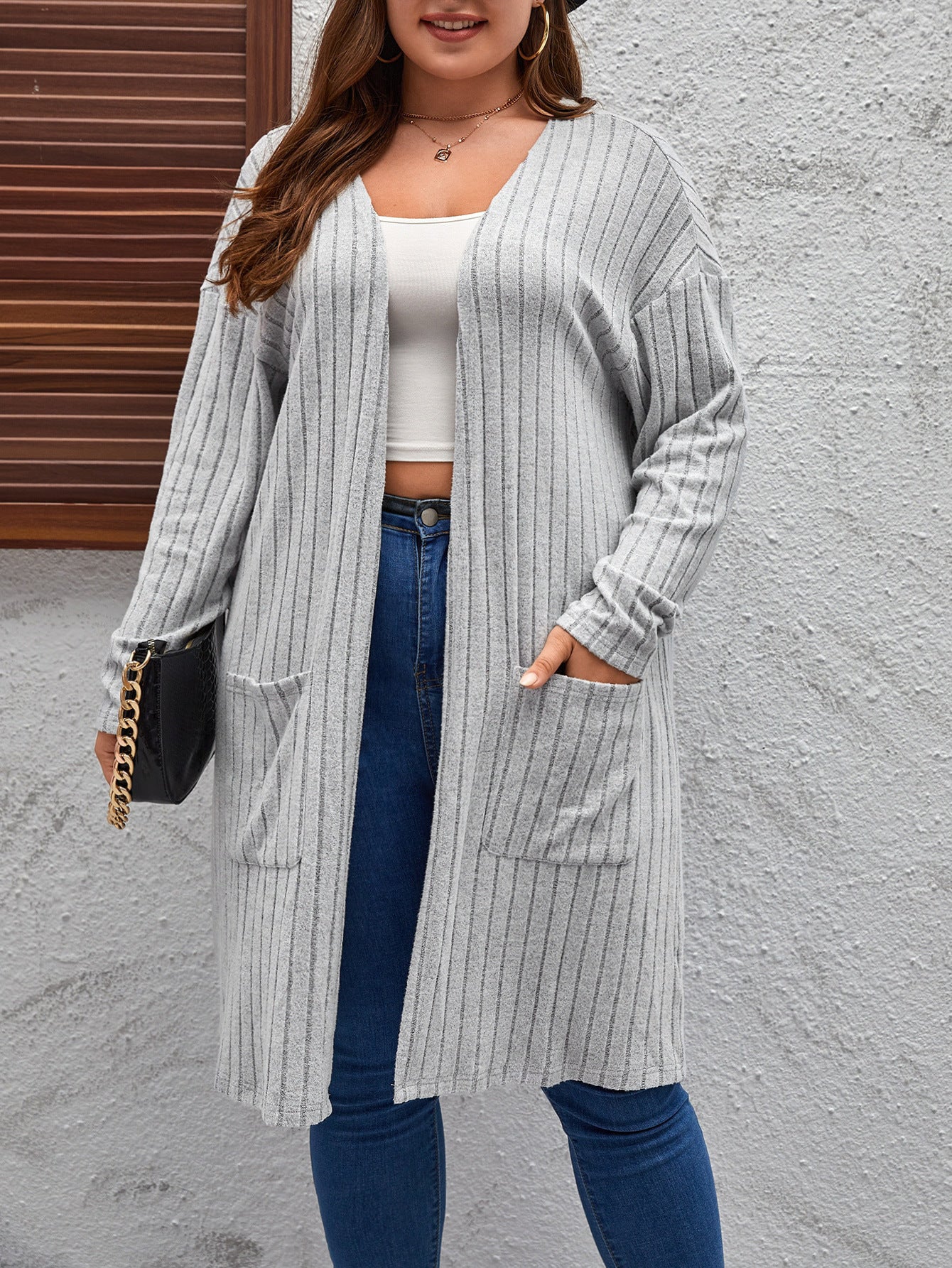 Plus Size Open Front Long Cardigan Ribbed Knit Pockets