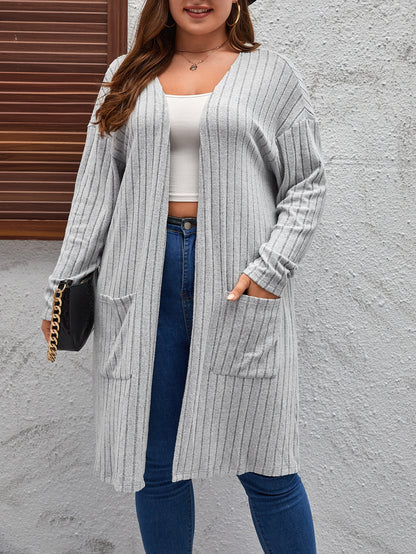 Plus Size Open Front Long Cardigan Ribbed Knit Pockets