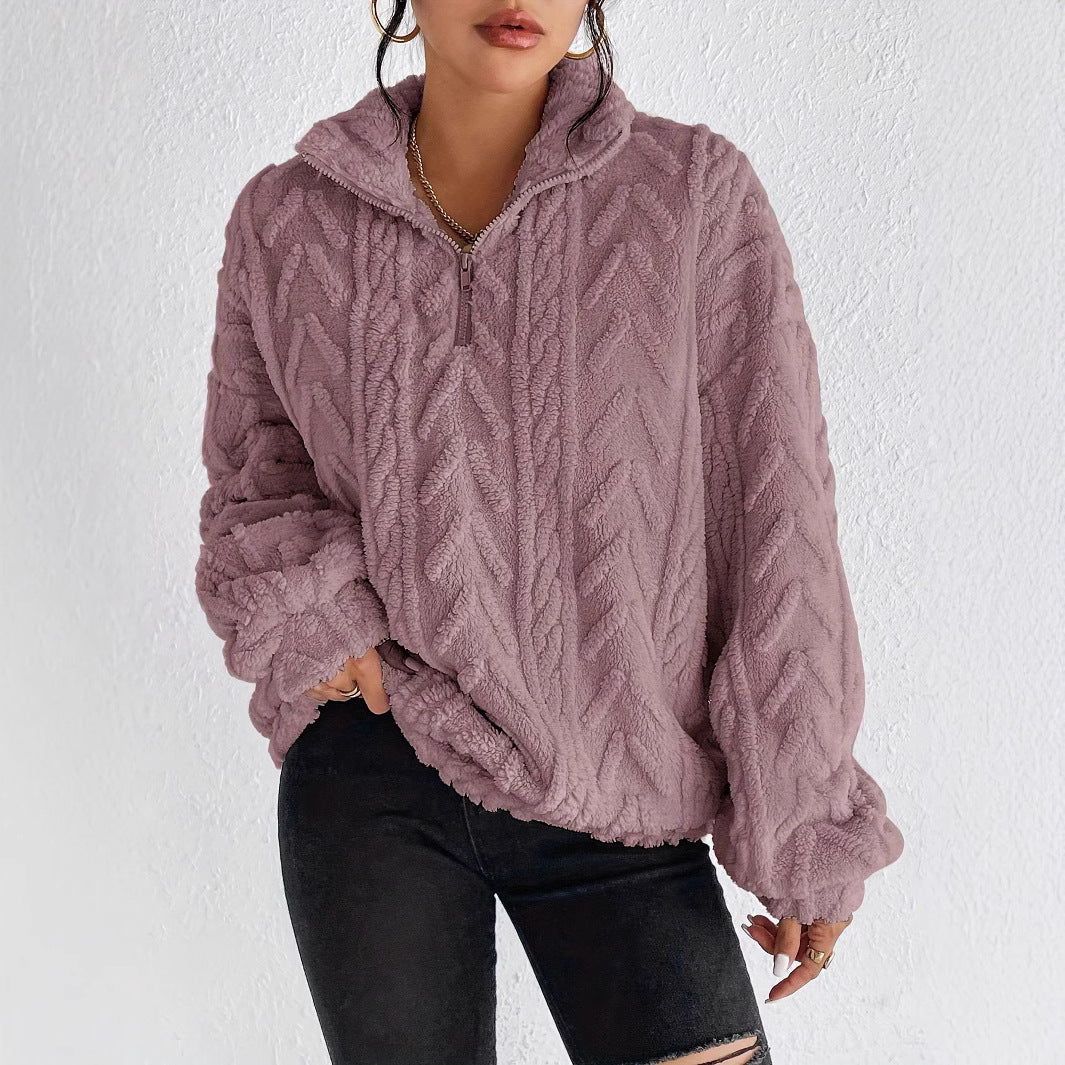 Womens Textured Sherpa Fleece Half Zip Pullover Top