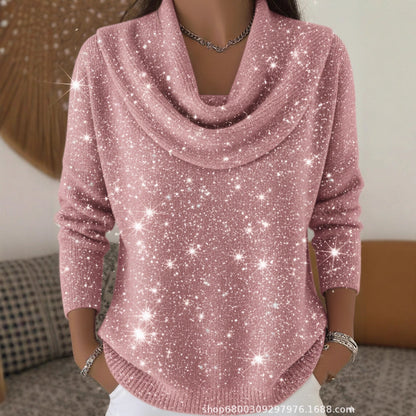 Sequin Cowl Neck Sweater Women Sparkle Pullover Top
