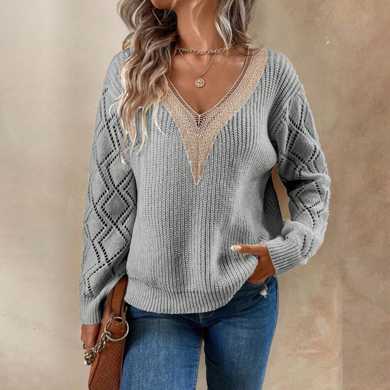Women's Oversized V-Neck Crochet Sweater Top