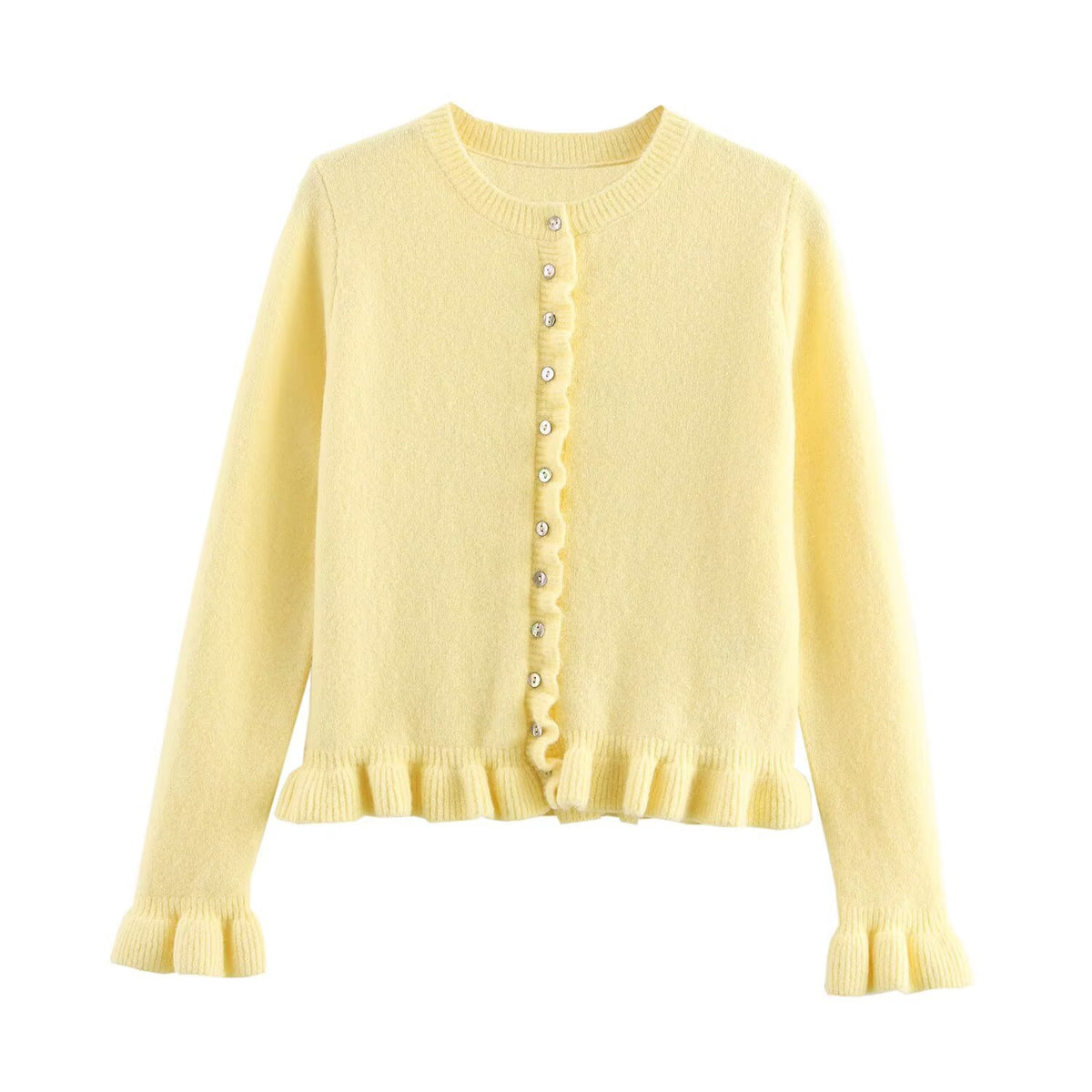 Ruffle Trim Button Front Long Sleeve Cardigan