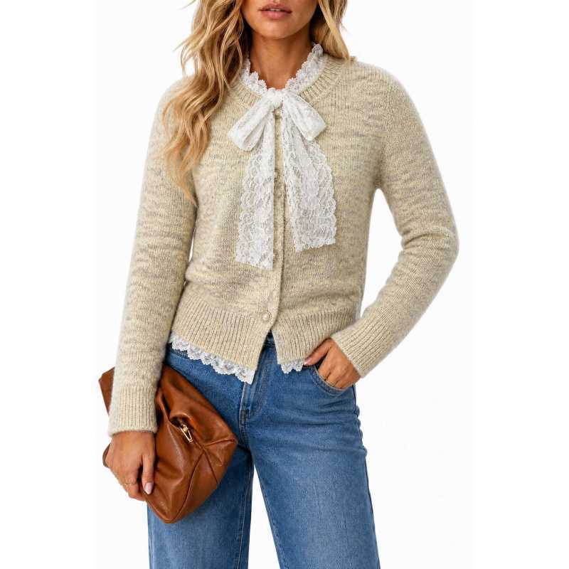 Women's Lace Bow Pearl Button Cropped Knit Cardigan