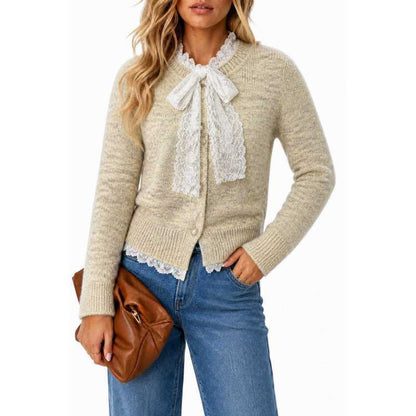 Women's Lace Bow Pearl Button Cropped Knit Cardigan