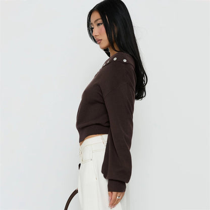 Off Shoulder Button Detail Crop Sweater Long Sleeve