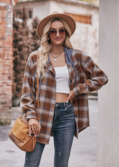 Women's Hooded Plaid Flannel Shirt Jacket - Casual Oversized