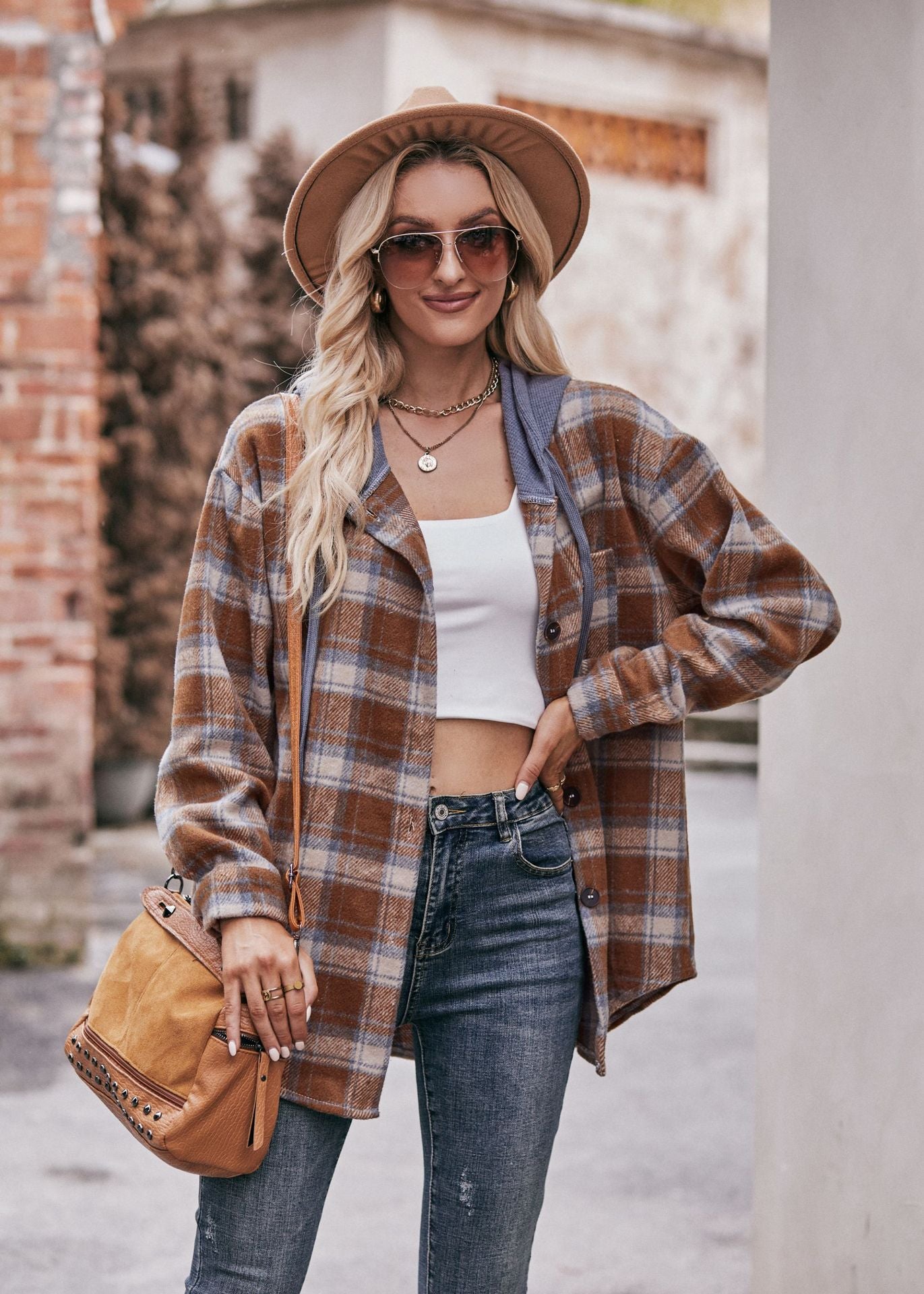 Plaid Hooded Shacket Jacket Oversized Fall Flannel Coat