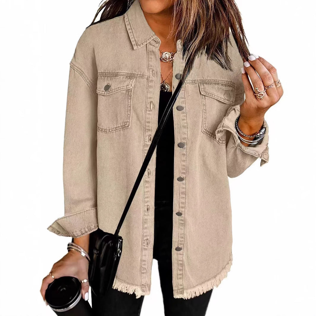 Women's Oversized Denim Shacket Frayed Hem