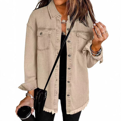 Women's Oversized Denim Shacket Frayed Hem