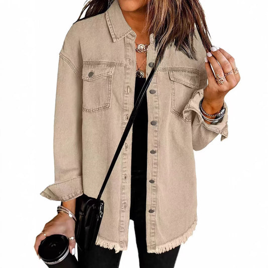 Women's Oversized Denim Shacket Frayed Hem