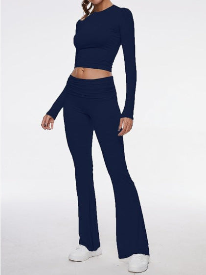 Y2K Long Sleeve Crop Top & Flare Pants Two Piece Set