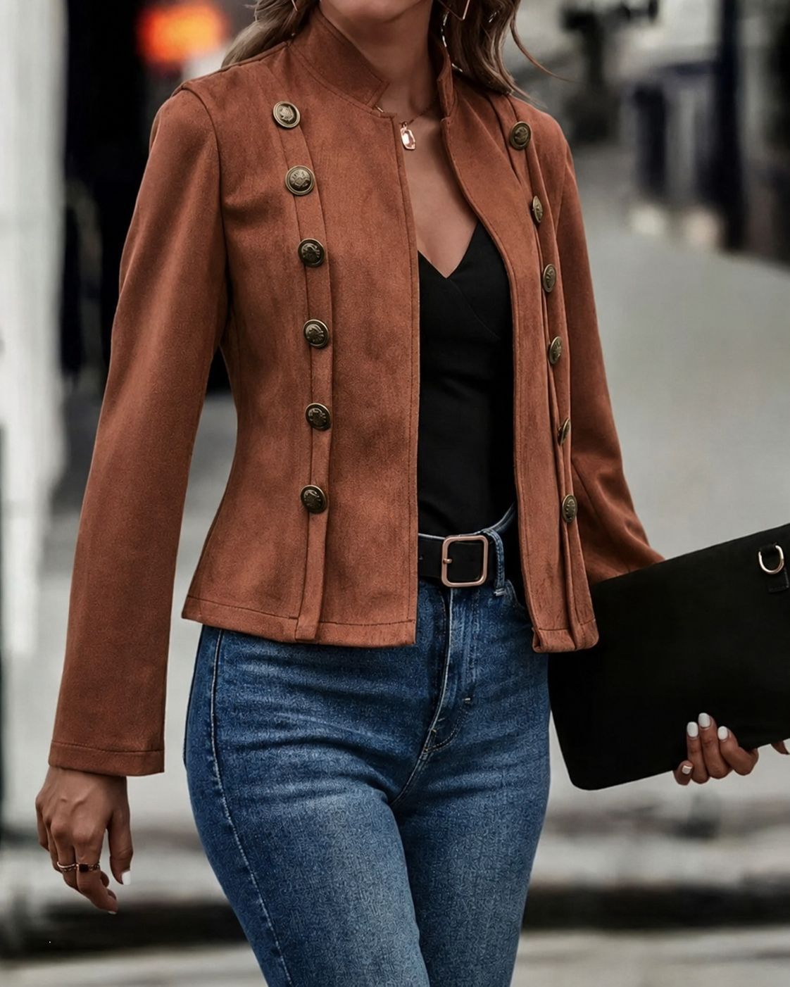 Women's Faux Suede Jacket Vintage Button Front Fall
