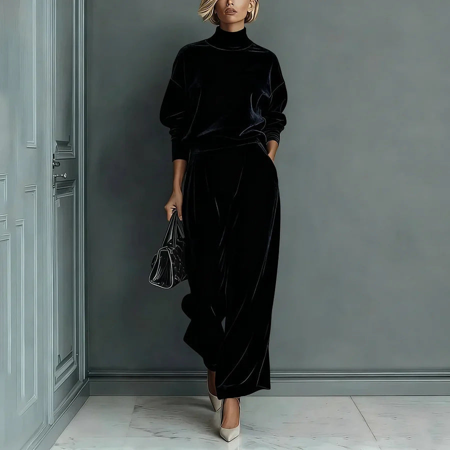 Women's Velvet Matching Set Mock Neck Wide Leg Pants