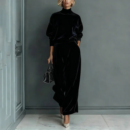 Women's Velvet Matching Set Mock Neck Wide Leg Pants