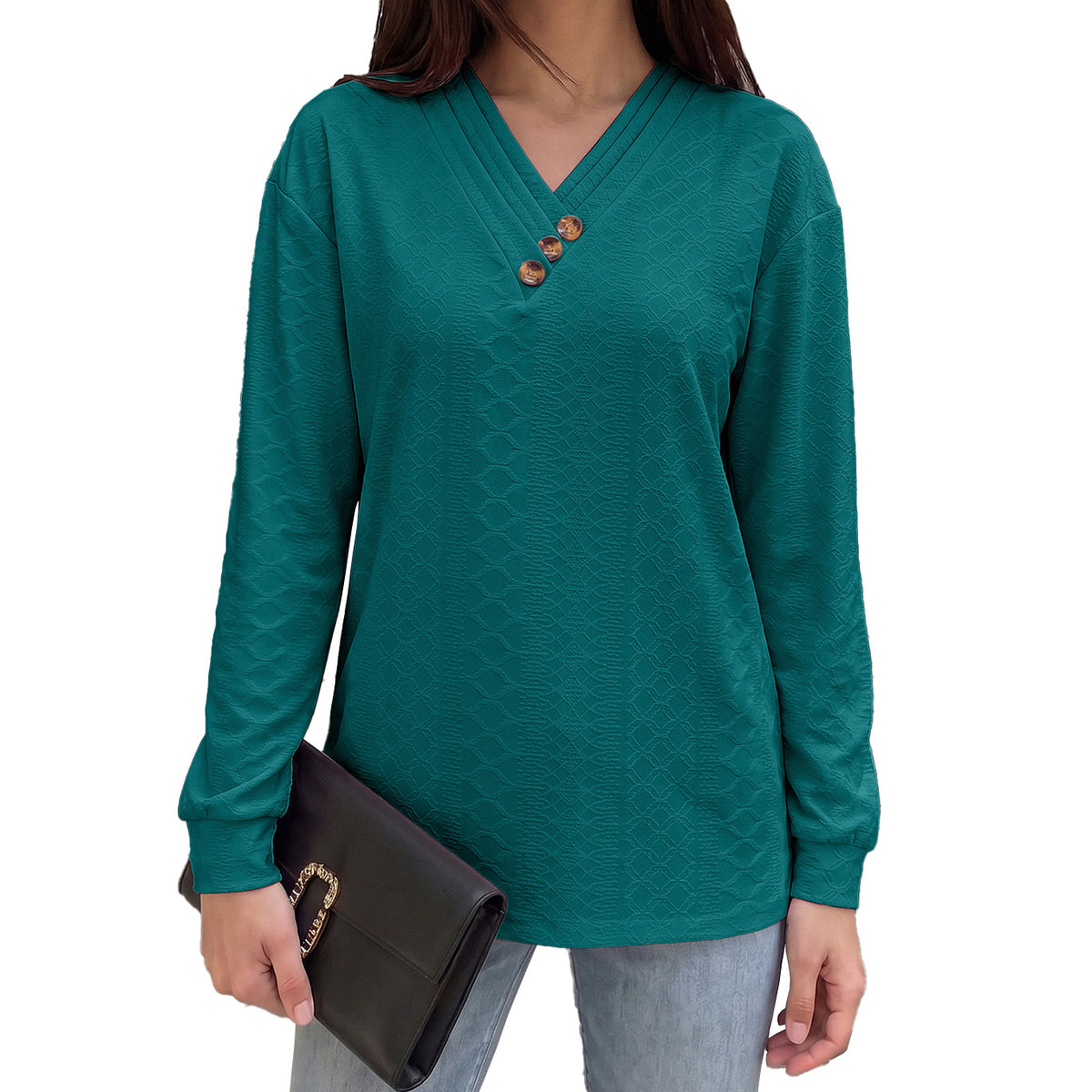 Women's Casual V-Neck Button Long Sleeve Loose Tunic Top