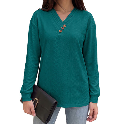 Women's Casual V-Neck Button Long Sleeve Loose Tunic Top