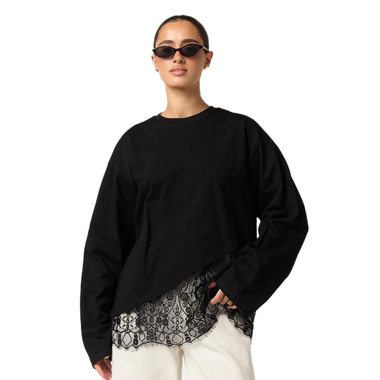 Women's Lace Hem Long Sleeve Top Relaxed Fit Cotton Tee