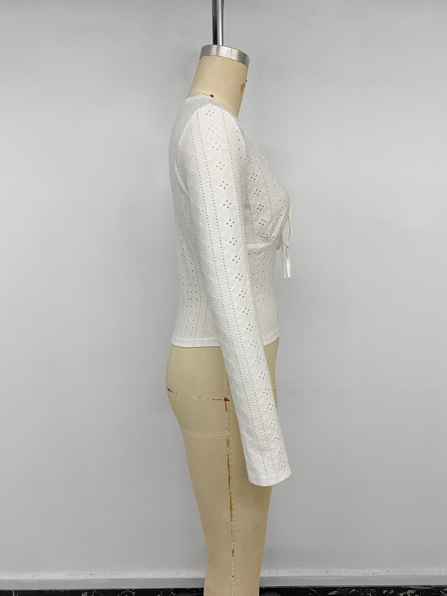 Tie Front Lace V-Neck Fitted Long Sleeve Top