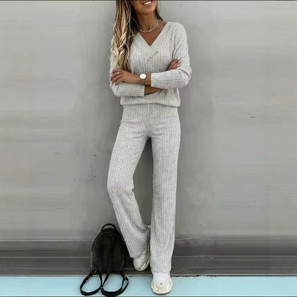Women's Ribbed V-Neck Button Lounge Pants Set