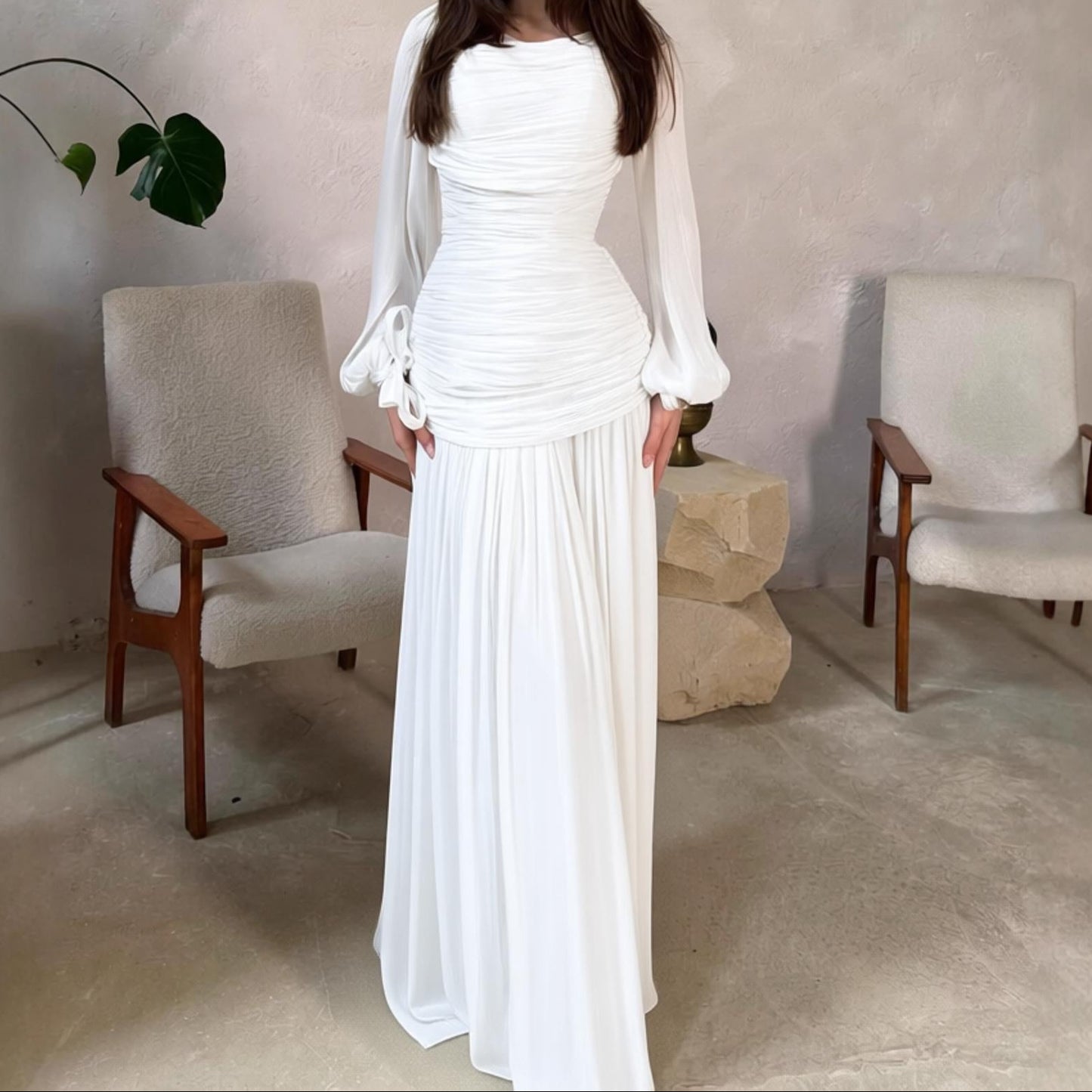 Satin Ruched Long Sleeve Maxi Dress Wedding Guest