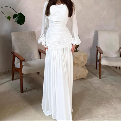 Satin Ruched Long Sleeve Maxi Dress Wedding Guest
