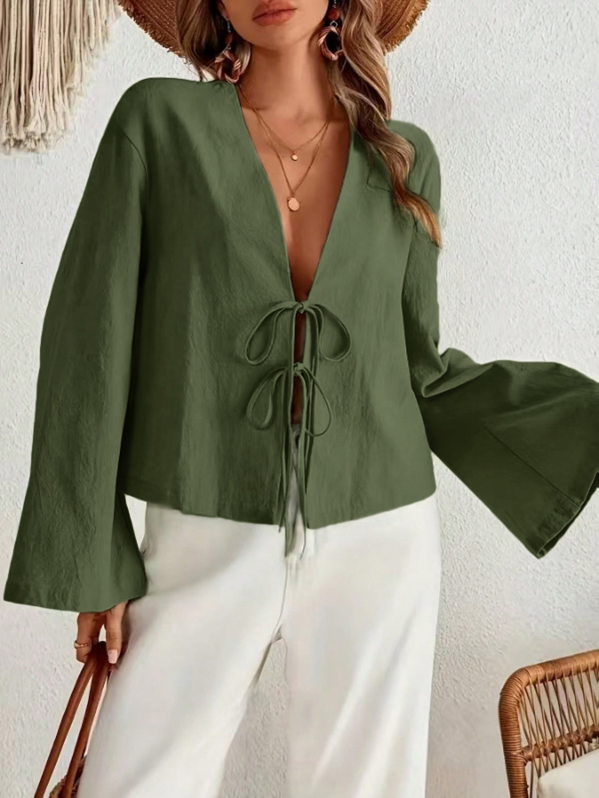 Tie Front V Neck Long Sleeve Bell Sleeve Blouse