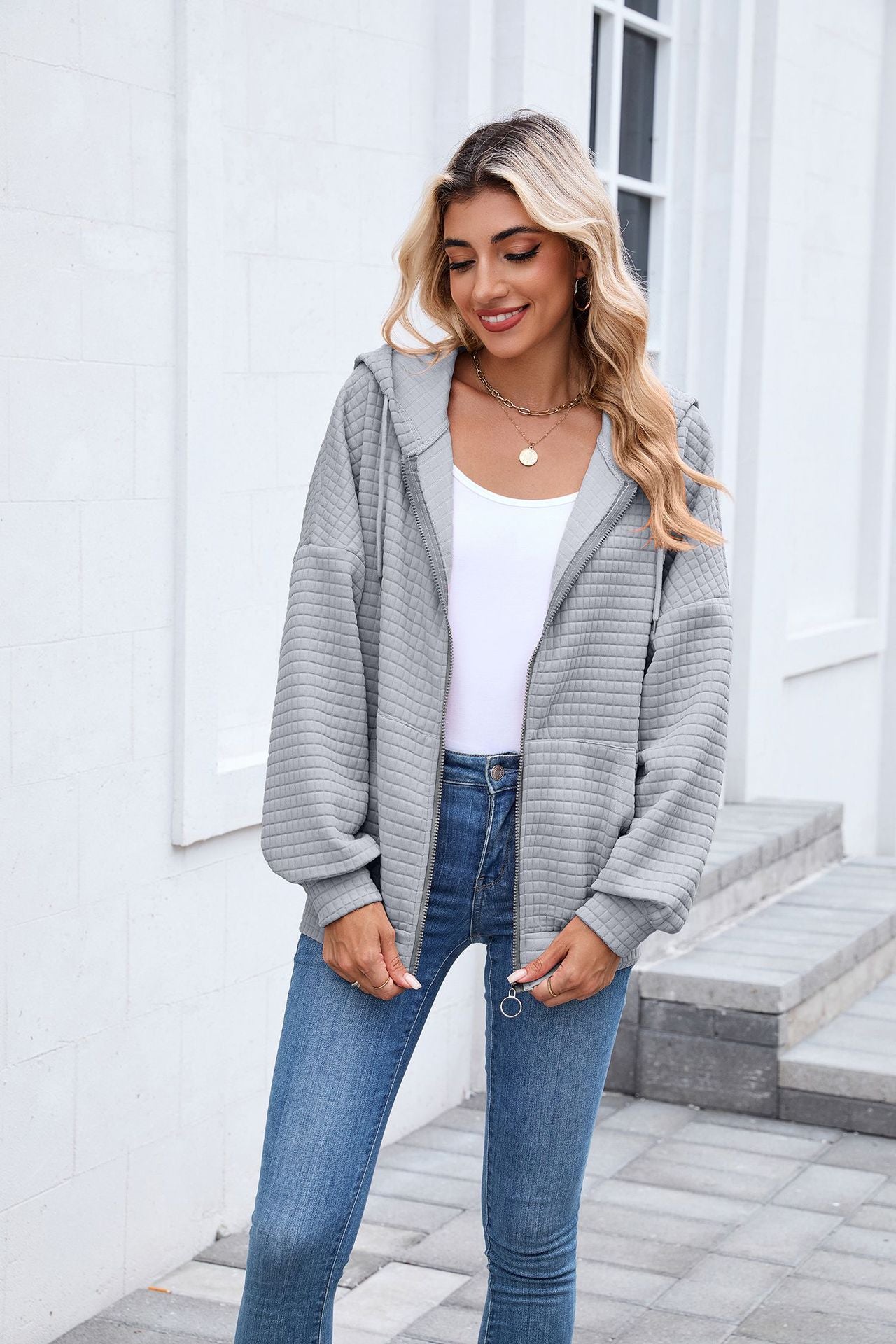 Quilted Zip Up Hooded Jacket Hoodie with Pockets