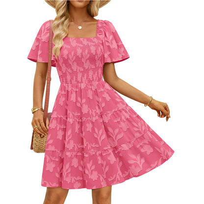 Smocked Square Neck Floral Tiered Mini Dress Flutter Sleeve