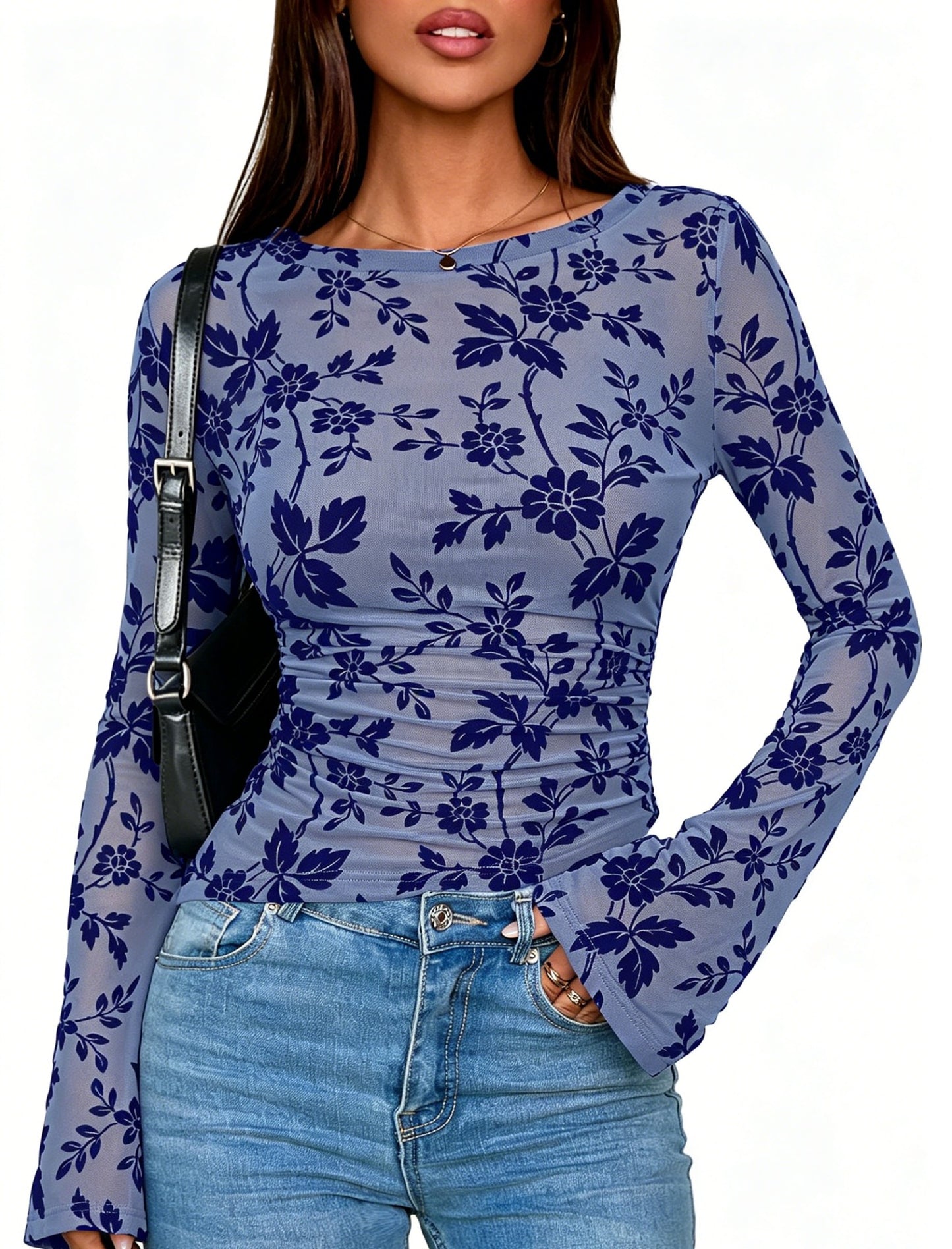 Flocked Floral Long Sleeve Slim Fit Crewneck Top for Women