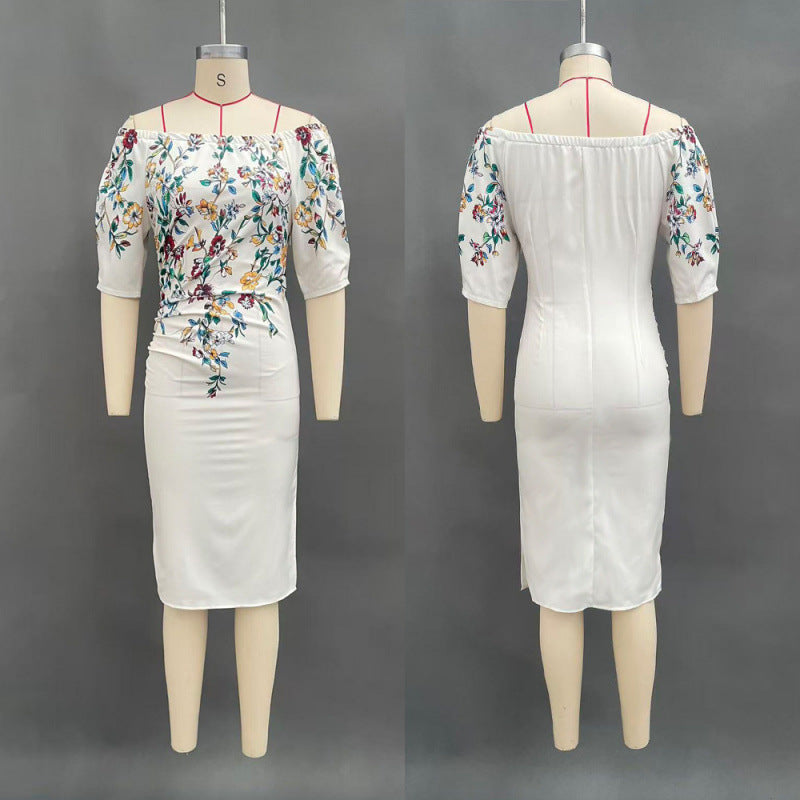 Off Shoulder Floral Midi Dress Puff Sleeve Bodycon