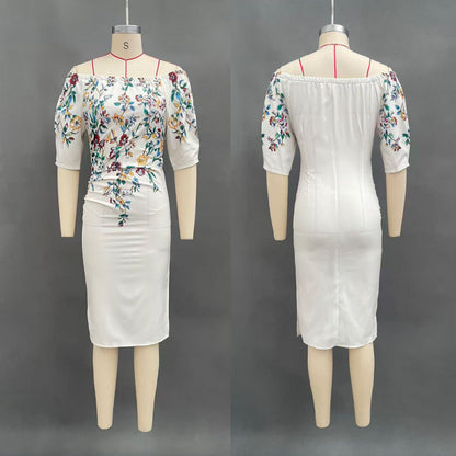 Off Shoulder Floral Midi Dress Puff Sleeve Bodycon