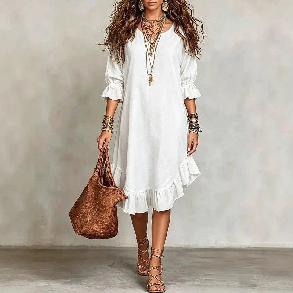Women's Boho V-Neck Flare Sleeve Ruffle Hem Midi Dress